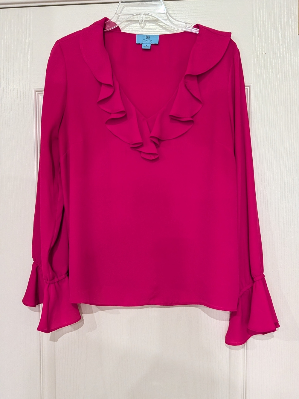 CeCe Fuchsia Ruffle V-Neck Long Sleeve Blouse